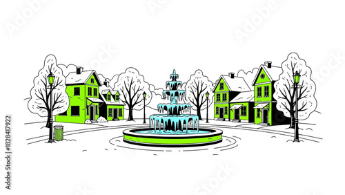 Charming Town Square with Fountain and Green Houses.
