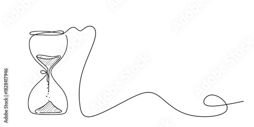 Time in a Single Line, A continuous line drawing of an hourglass with sand flowing and elegant curves