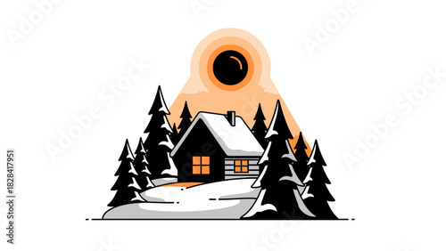 Cozy winter cabin in snowy forest at sunset.