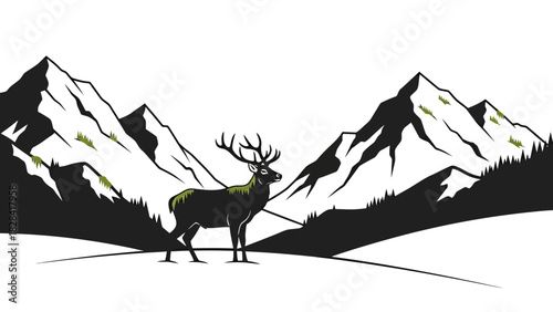 Majestic deer stands proudly in front of towering snow-capped mountains.