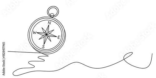 Guided by a Single Line, A continuous line drawing of a compass with cardinal points and a flowing path