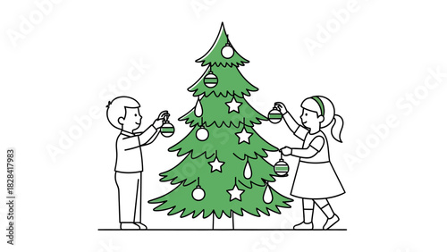Two children decorating a Christmas tree with ornaments, celebrating the holiday season with joy and festive spirit.