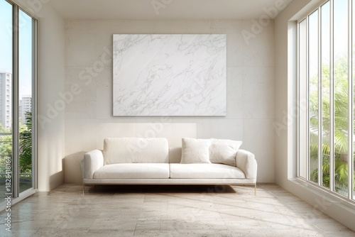 Modern living room with white sofa and artwork.