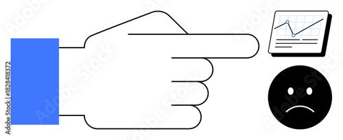 Hand pointing at declining trend chart with sad face denoting failure, blame, and accountability. Ideal for business loss, critique, leadership, motivation, performance review responsibility. Simple