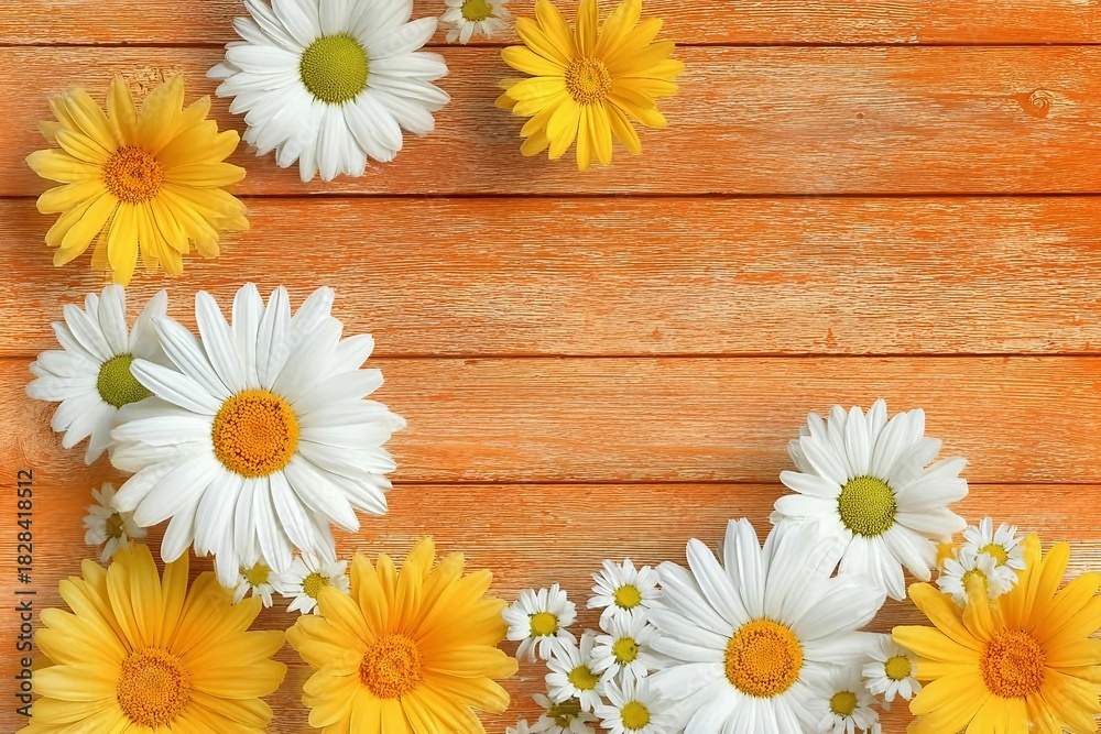 Obraz premium Spring composition. White daisy flowers on orange brown wooden tabletop background.