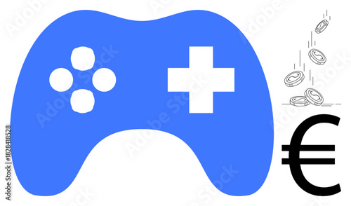 Blue gaming controller and Euro currency sign with falling coins, symbolizing gaming profits, monetization, digital economy, entertainment industry growth, in-game purchases, and e-sports marketing