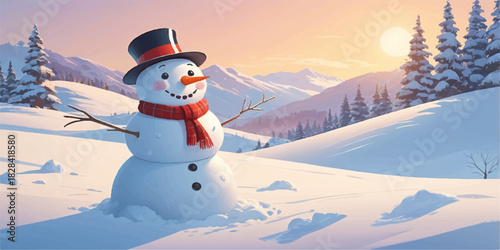 Smiling snowman illuminated by soft golden sunlight in a tranquil winter field