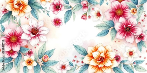 Intricate watercolor floral pattern, soft pastel hues, blooming flowers and leaves,  painting, watercolor