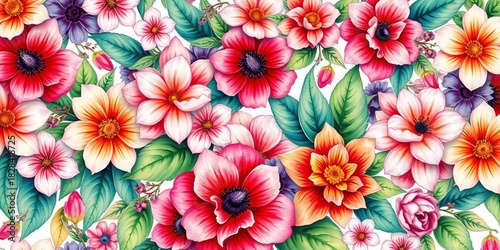 Intricate watercolor floral pattern, vibrant blooms and lush foliage, textile, vintage