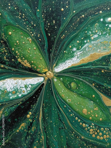 Abstract bird of paradise floral art in iridescent gold and emerald fluid ink, glossy resin texture on black background, contemporary wall decor