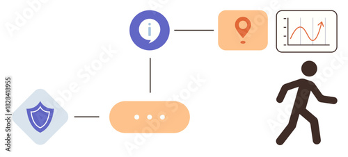 Process diagram with shield, information icon, pinpoint, graph, and walking figure. Ideal for workflow, security, decision-making, data analysis navigation strategy simple flat metaphor
