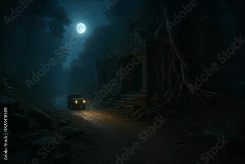 Moonlit jungle temple approach