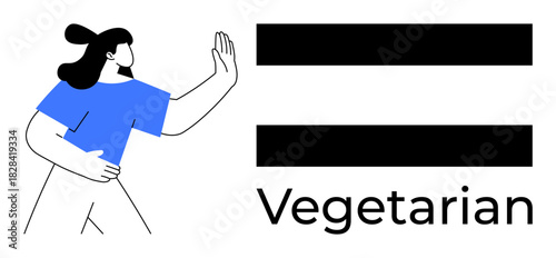 Female figure in blue top making a gesture beside bold equal signs and Vegetarian text. Ideal for lifestyle, health, food choice, equality, advocacy, branding, and awareness. Simple flat metaphor