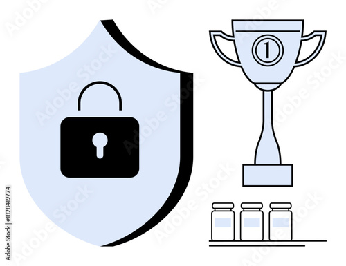 Data security concept. Shield with lock symbol for protection, trophy achievement, and vials for pharmaceutical context. Data security for healthcare, fintech, cybersecurity, achievements, medicine