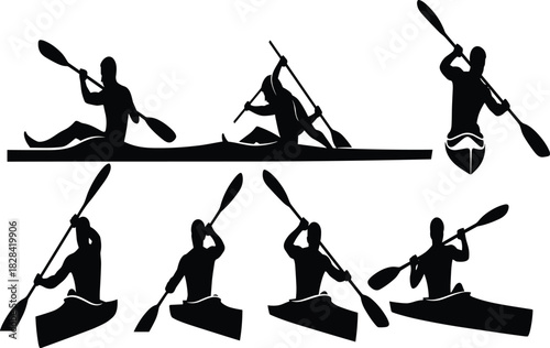A dynamic set of black canoe and kayak paddling silhouettes, illustrating action water sports,, 