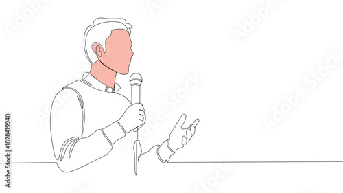 Businessman Presenting with Mic line art, One Line Style vector illustration.