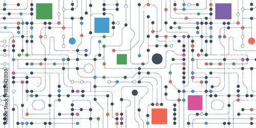 Abstract Network Connection Background With Colorful Circles And Squares Connected By Lines Forming Complex Communication Technology Concept