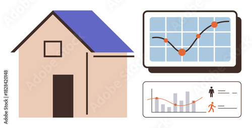 House alongside charts showing growth trends and user statistics, highlighting real estate analysis. Ideal for data tracking, market trends, investment, forecasting, housing, property management