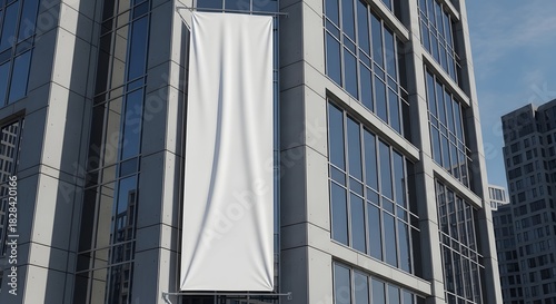Blank white vertical banner mockup hanging on the facade of a modern glass and concrete office building exterior against a blue sky