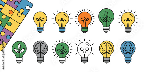 Ideas And Puzzle Pieces With Colorful Lightbulbs On White Backdrop Vector Image Suitable For Innovation Solution Creativity Themes