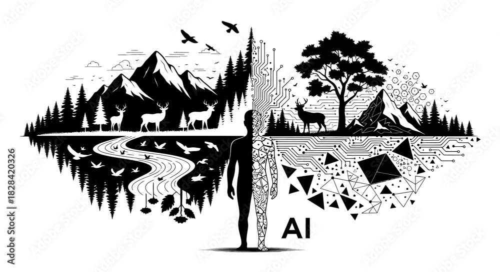 Obraz premium Nature and technology duality concept with human figure