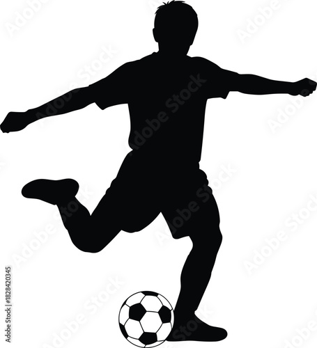 A professional soccer player black silhouette kicking a football, isolated for sports, championship, action, and athletic competition vector illustration design.