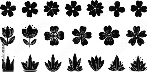Abstract Botanical Icons, Floral Buds, and Decorative Crown Shapes for Wedding and Nature Design