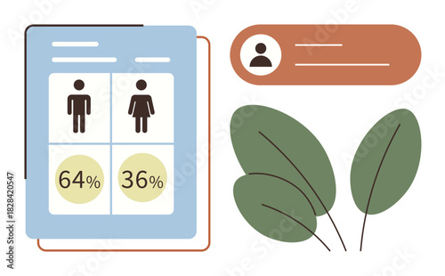 Gender-based percentage data visualization with male and female figures, user profile box, and minimalist green leaves. Ideal for gender analysis, demographics, personal data, eco themes, analytics