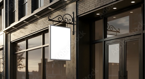 Blank white mockup sign hanging on a dark brick building facade with large glass windows and doors at sunset or sunrise for business advertisement
