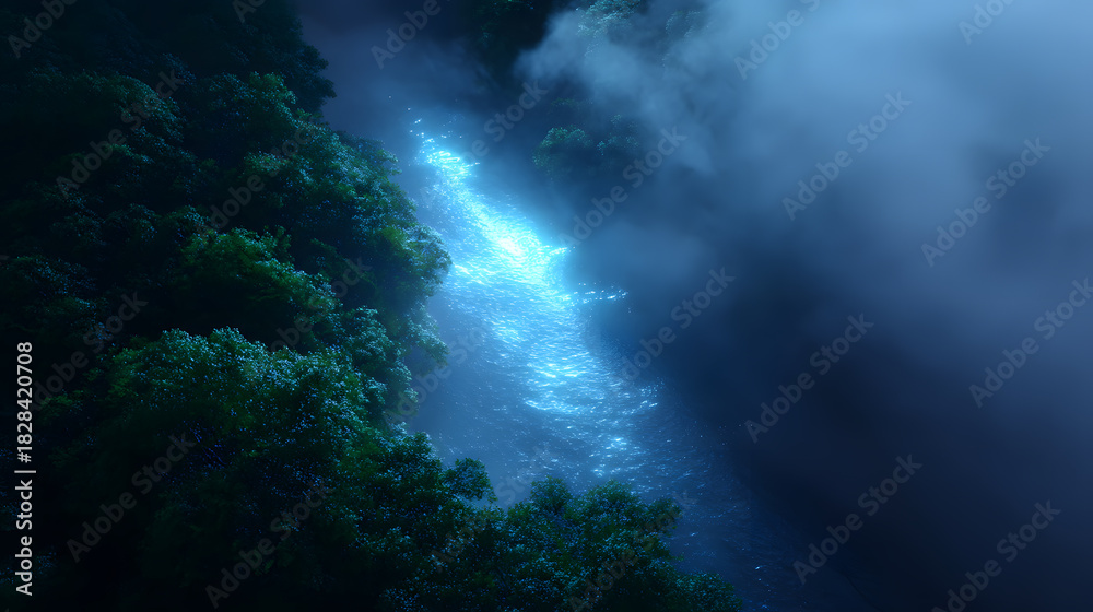 Fototapeta premium Mystical Waterfall: A captivating view of a cascading waterfall flowing gently, enveloped by ethereal mist, creating a dreamlike landscape.