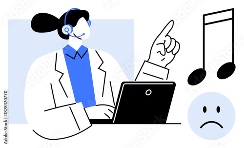 Customer service theme. Customer service agent working with headset and laptop. Customer service influenced by music and emotions, addressing effective communication. For business, audio technology