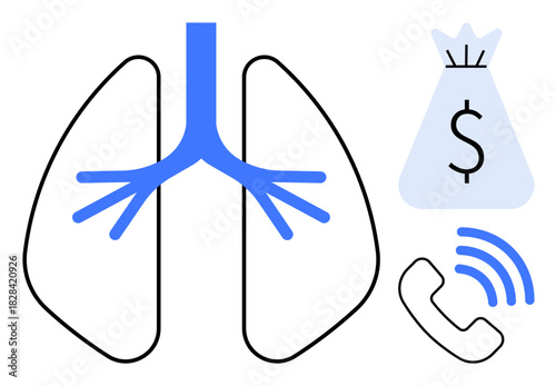 Human lungs diagram paired with a dollar bag and call icon, visualizing concepts such as healthcare costs, medical debt, telemedicine, insurance communication, and financial health. Ideal
