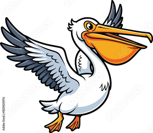 Flying Cartoon Pelican with Orange Beak Vector