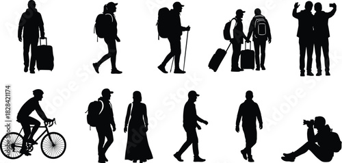 Backpackers, Cyclists, Hikers, and Photographers with Luggage Vector Icons
