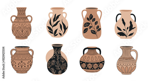 Collection of eight decorative ceramic vases with floral and abstract patterns on a white background.