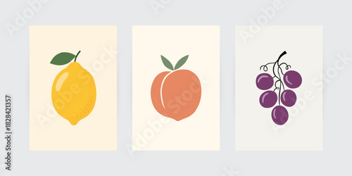 Minimalist Fruit Set Illustration of Lemon, Peach, and Grapes with Grain Texture