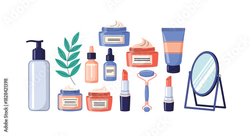 Collection of beauty and skincare products arranged for an advertisement or illustration.