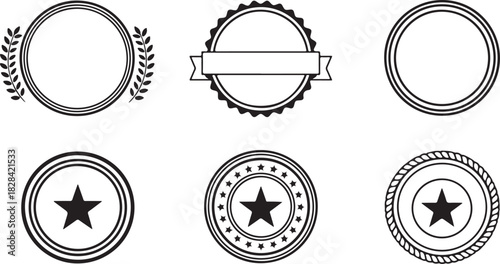 Collection of six black and white circular badge designs isolated on, perfect for logos, seals, or decorative elements