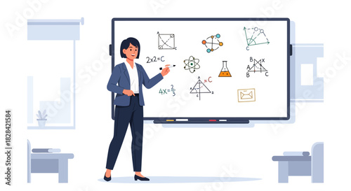 Teacher explaining math equations on whiteboard