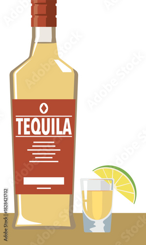 ボトルに入ったテキーラとショットグラスのイメージイラスト