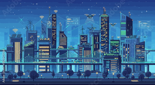 Futuristic cityscape at night with drones and bridges
