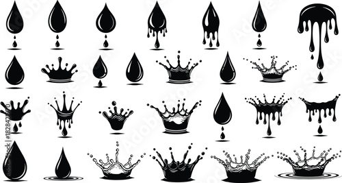 Black Liquid Drip, Splatter, and Crown Splash Vector Silhouettes Set for Oil, Paint, Ink, or Water Drop Graphic Design Elements.