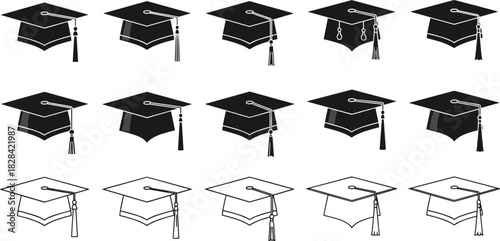 Black Silhouette and Line Art Graduation Cap Vector Icons Set for Education, Academic, University, College, and Commencement Ceremony Design Elements.