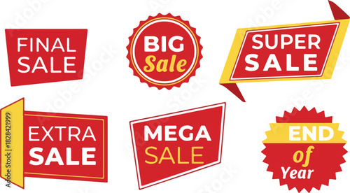 Collection of sale badges and labels in red and yellow, offering final, extra, mega, super, and big discounts for end of year promotions isolated on