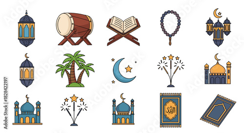 Collection of Islamic cultural icons, including lanterns, drums, books, beads, mosques, palm trees, fireworks, and prayer mats.