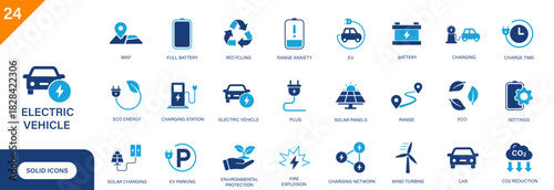 Electric vehicle icon. Including EV parking, charging station, green vehicles, green energy, sustainability. Solid vector icon set.