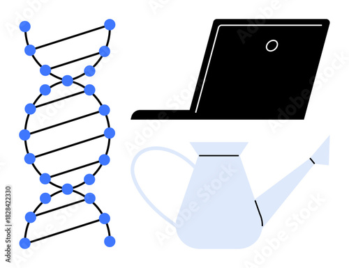DNA strand, laptop, and watering can as visual metaphors for biology, innovation, growth, education, technology, sustainability and life sciences. Ideal for biotechnology education or development