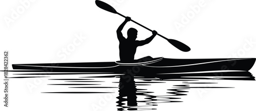 Black silhouette of a person paddling a kayak, showing action, water reflection, and fitness for water sports, adventure, and recreation vector illustration.