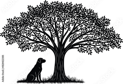 Black Silhouette of a Loyal Labrador Dog Sitting Peacefully Under a Large, Lush, Shady Tree, Digital Vector Art, Serene Nature Scene.