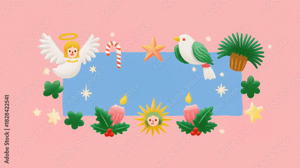 Naklejka premium Christmas decorative frame (wallpaper, poster, banner) with angel, candy cane, star, bird, plant, candle, holly & sun accent. Festive holiday design in soft pastel style.